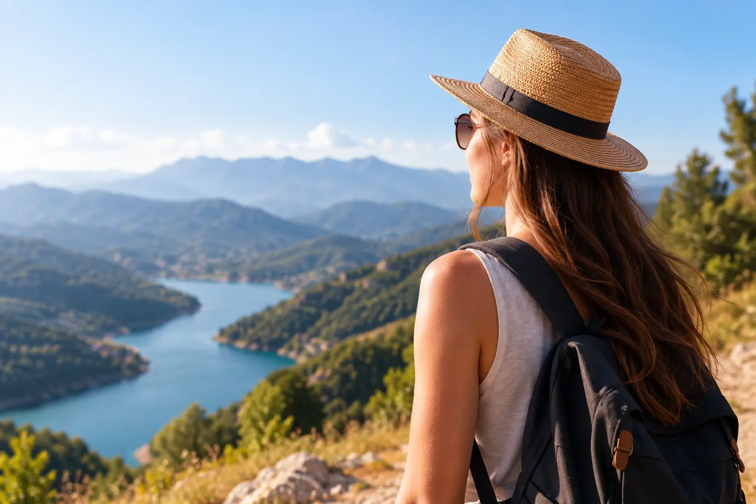 Gost sa šeširom uživa u pogledu na planine i jezero